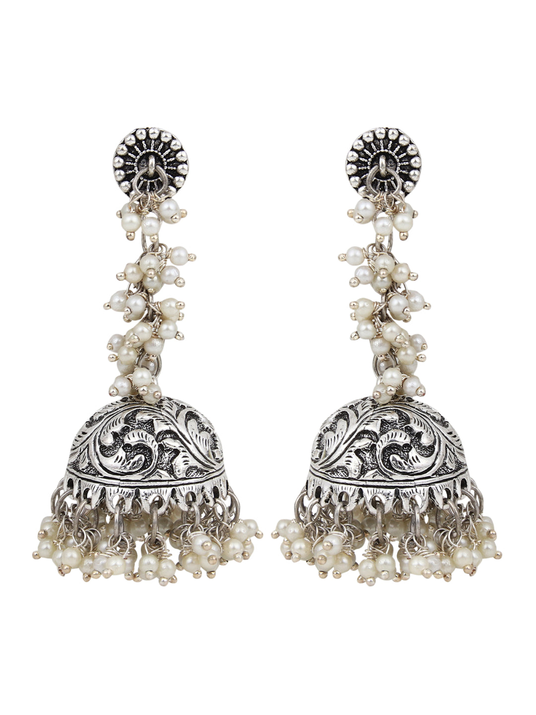 Silver Oxydised finish long Jhumka with beads string