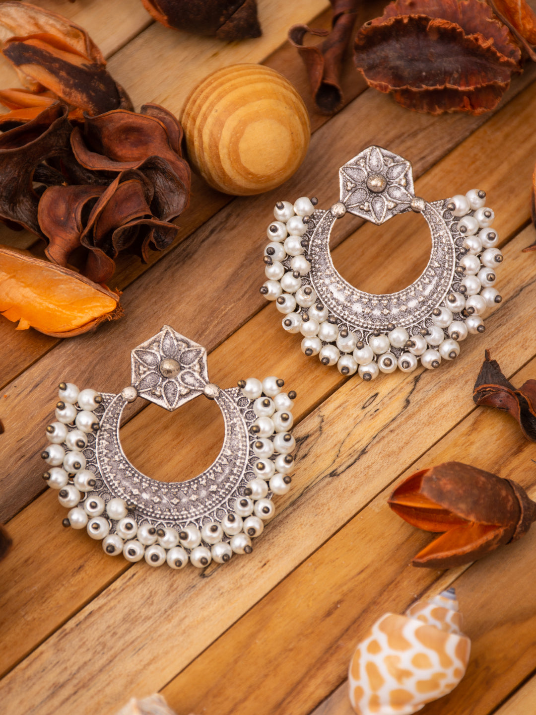 Silver Oxydised finish Chandbali with beaded Edge