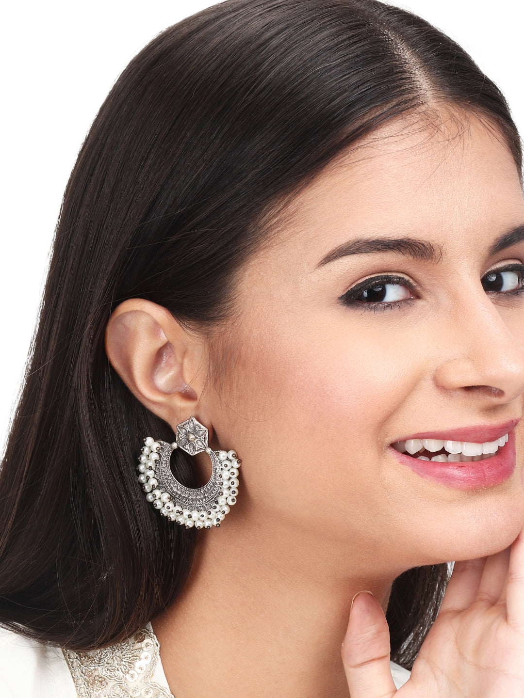Silver Oxydised finish Chandbali with beaded Edge