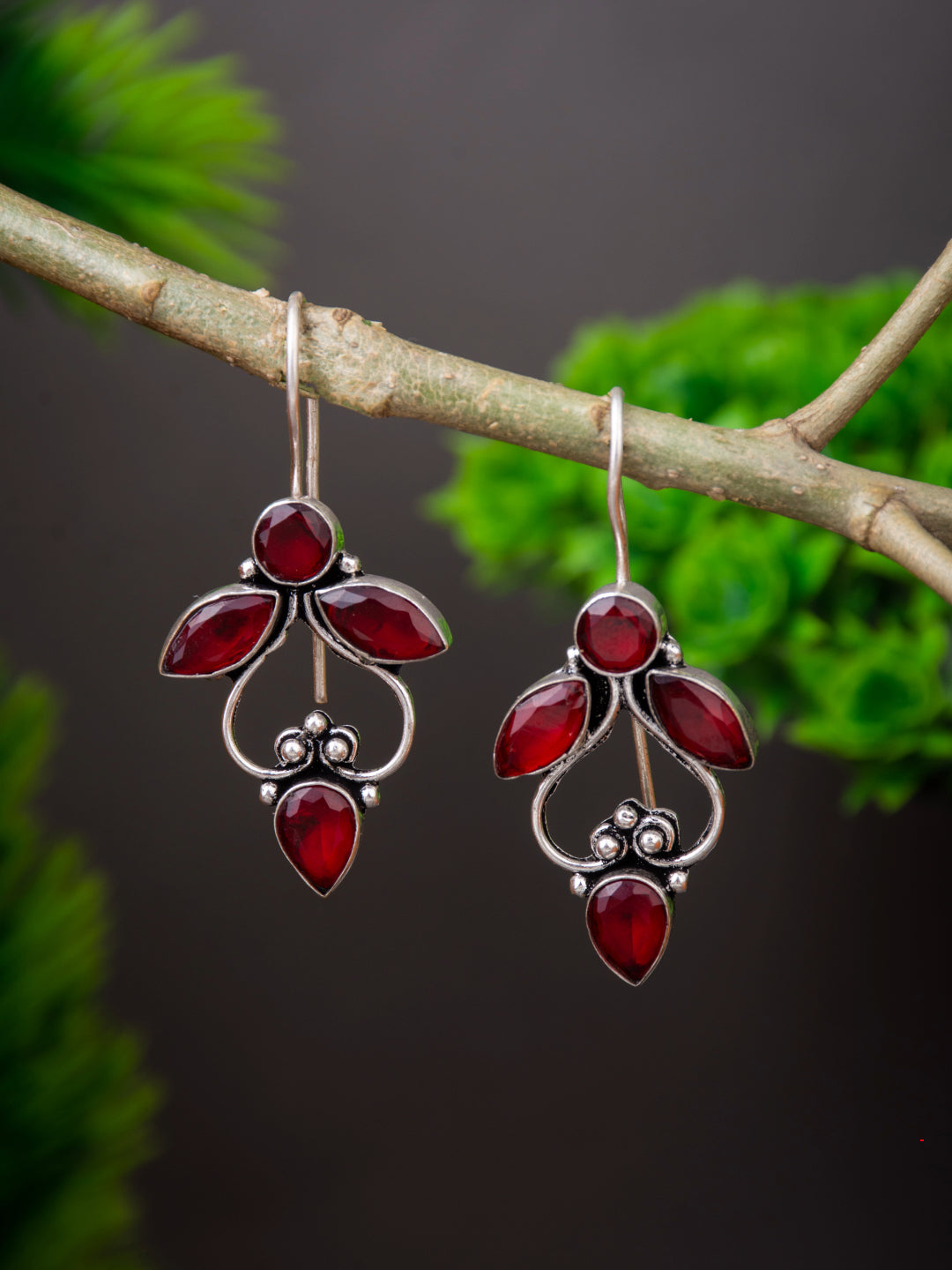 Silver Oxydised finish Drop Earring with glass stone