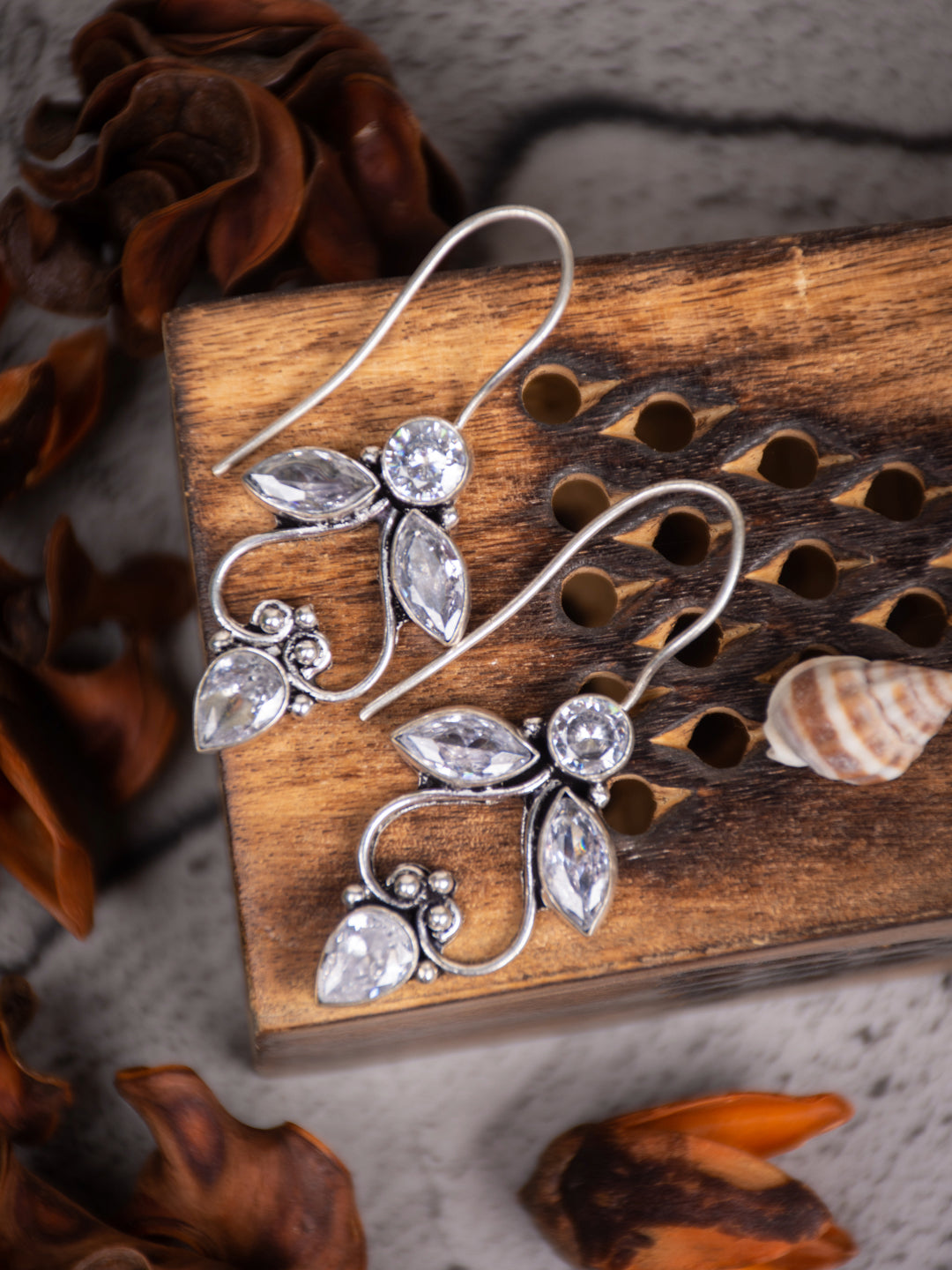 Silver Oxydised finish Drop Earring with White AD Stone
