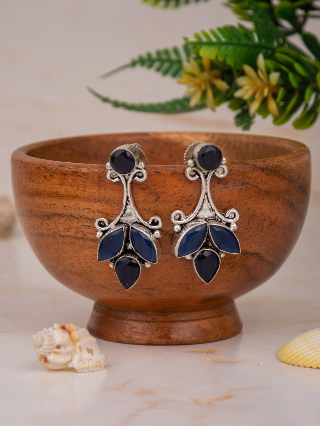 Silver Oxidised finish drop Earring with AD stone Blue