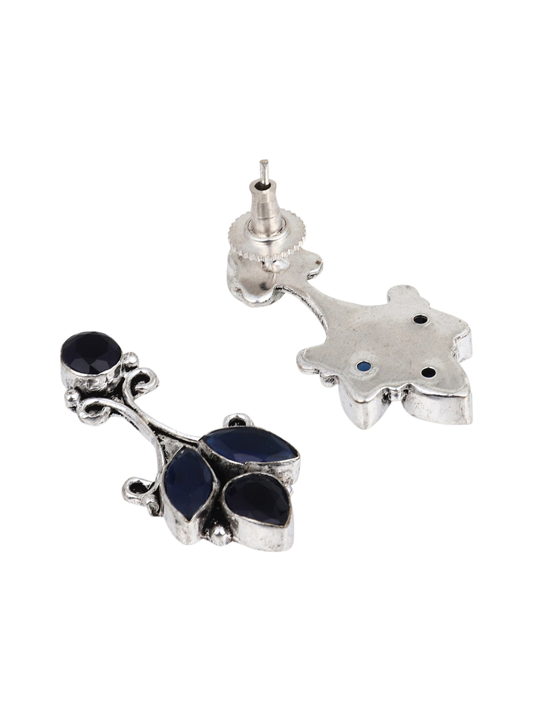 Silver Oxidised finish drop Earring with AD stone Blue