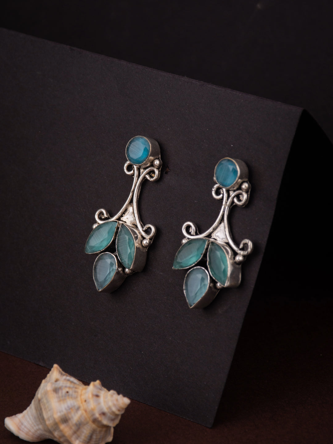 Silver Oxydised finish drop Earring with Mint AD stone
