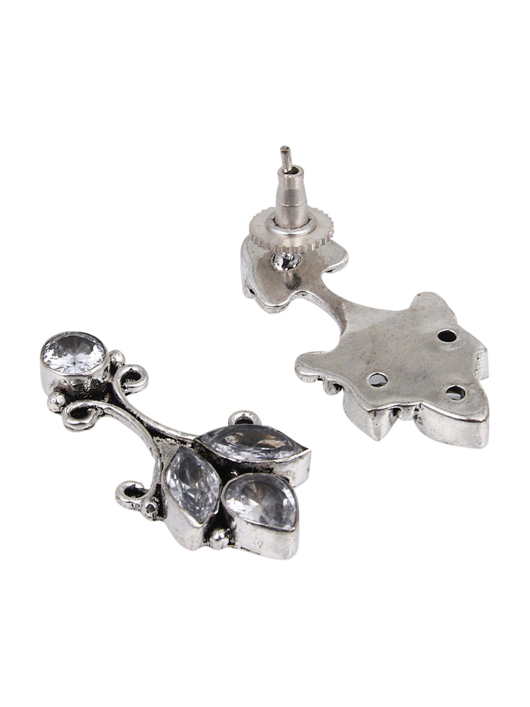 Silver Oxidised finish drop Earring with AD stone White