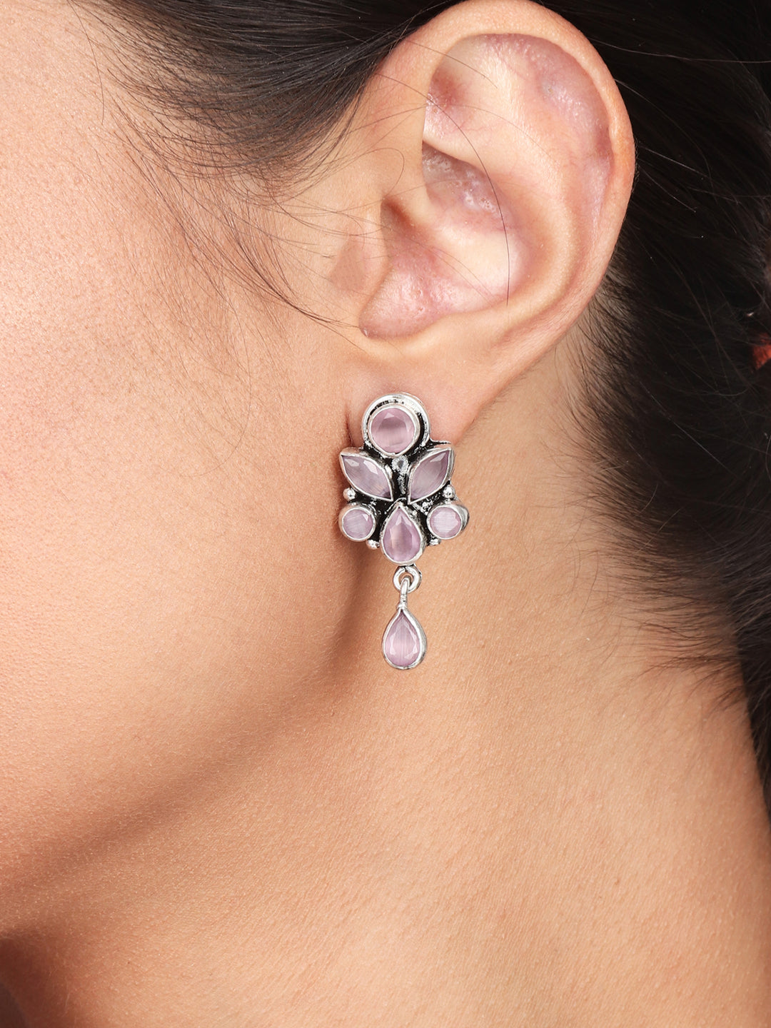 Silver Oxydised finish Studs with Pink AD stones