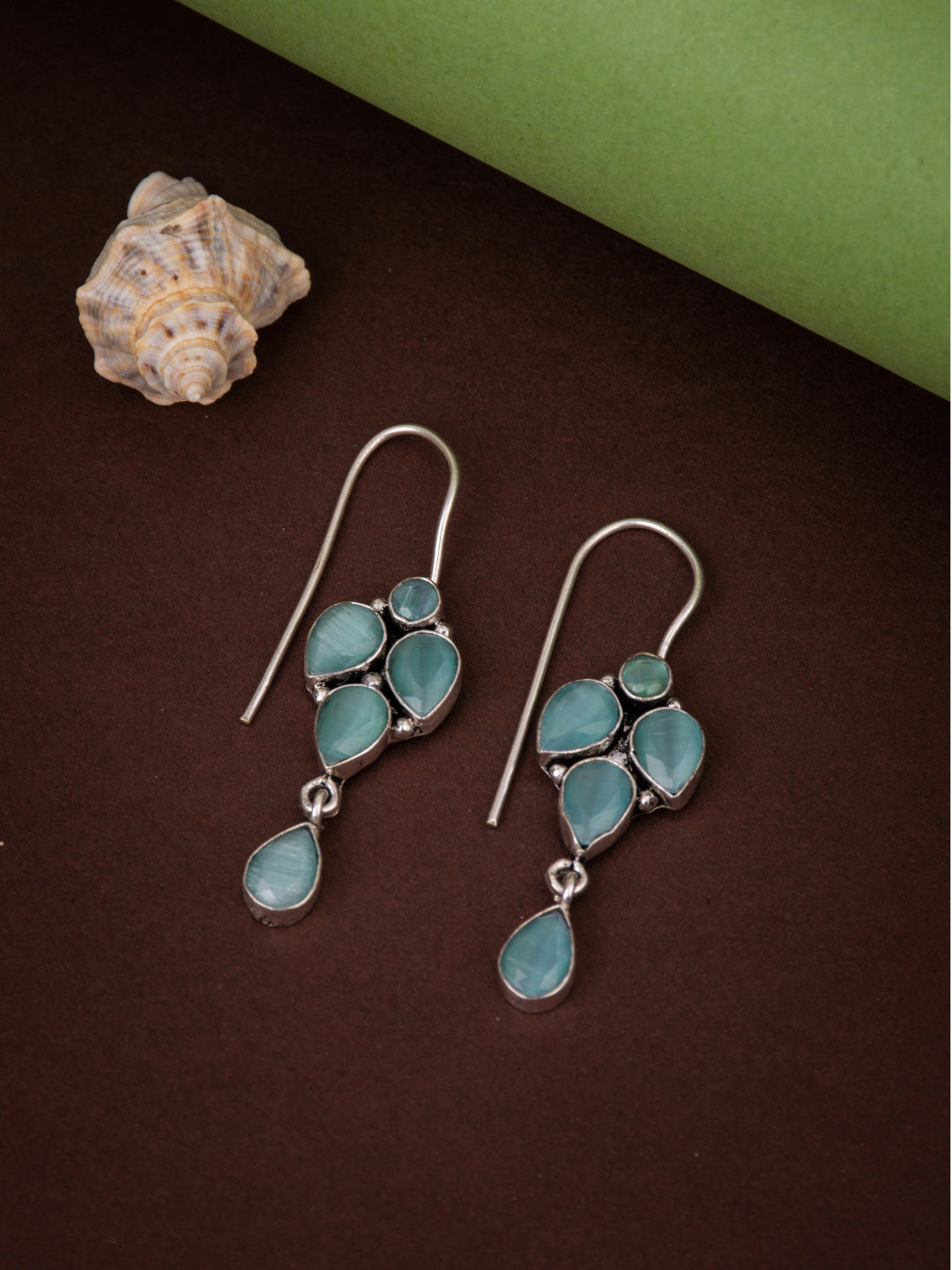 Silver Oxydised finish drop Earring with Mint AD stone