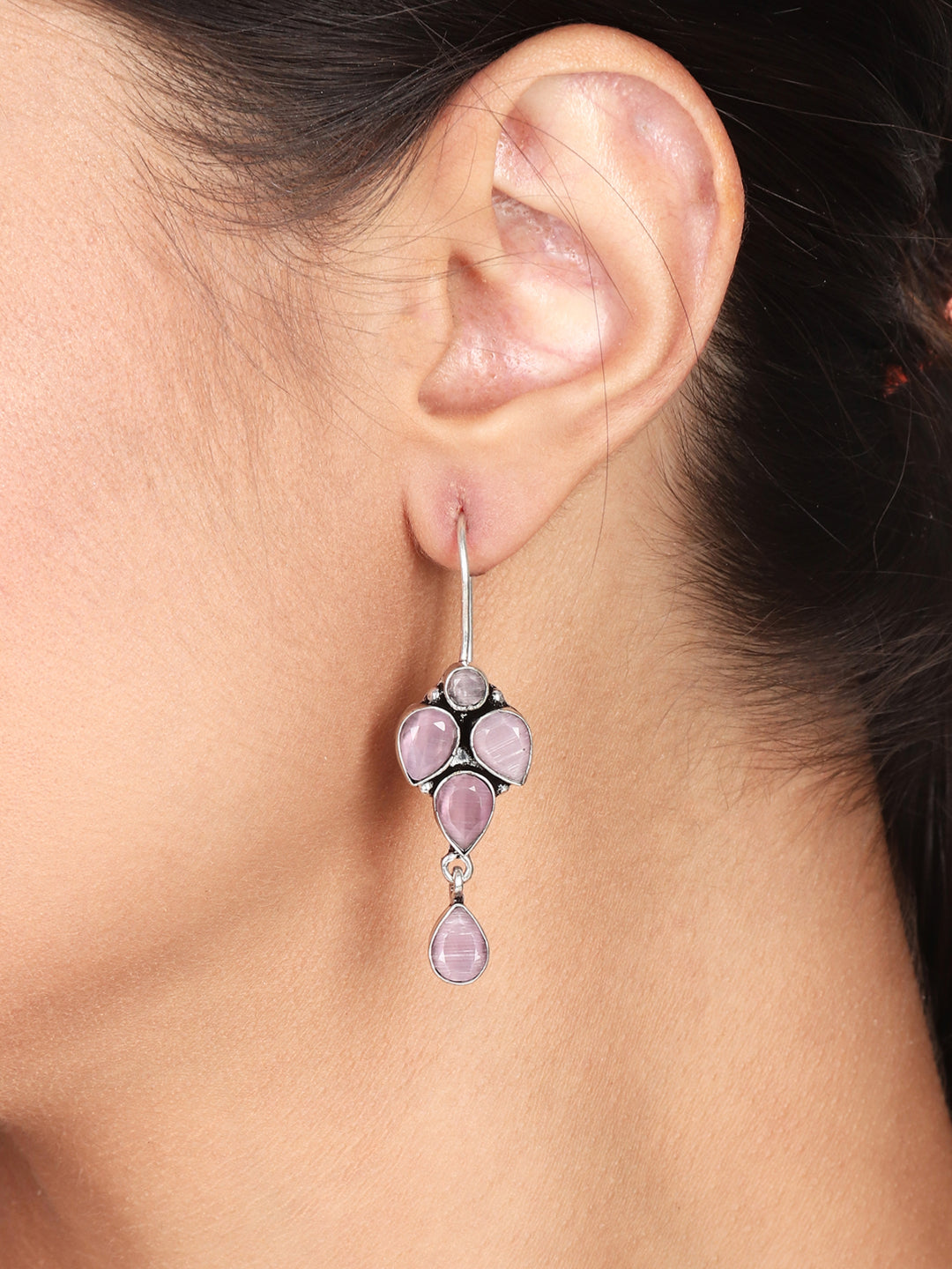 Silver Oxydised finish drop Earring with Pink AD stone