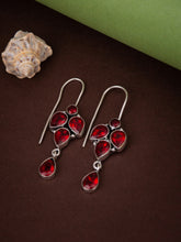 Silver Oxidised finish drop Earring with Red AD stone