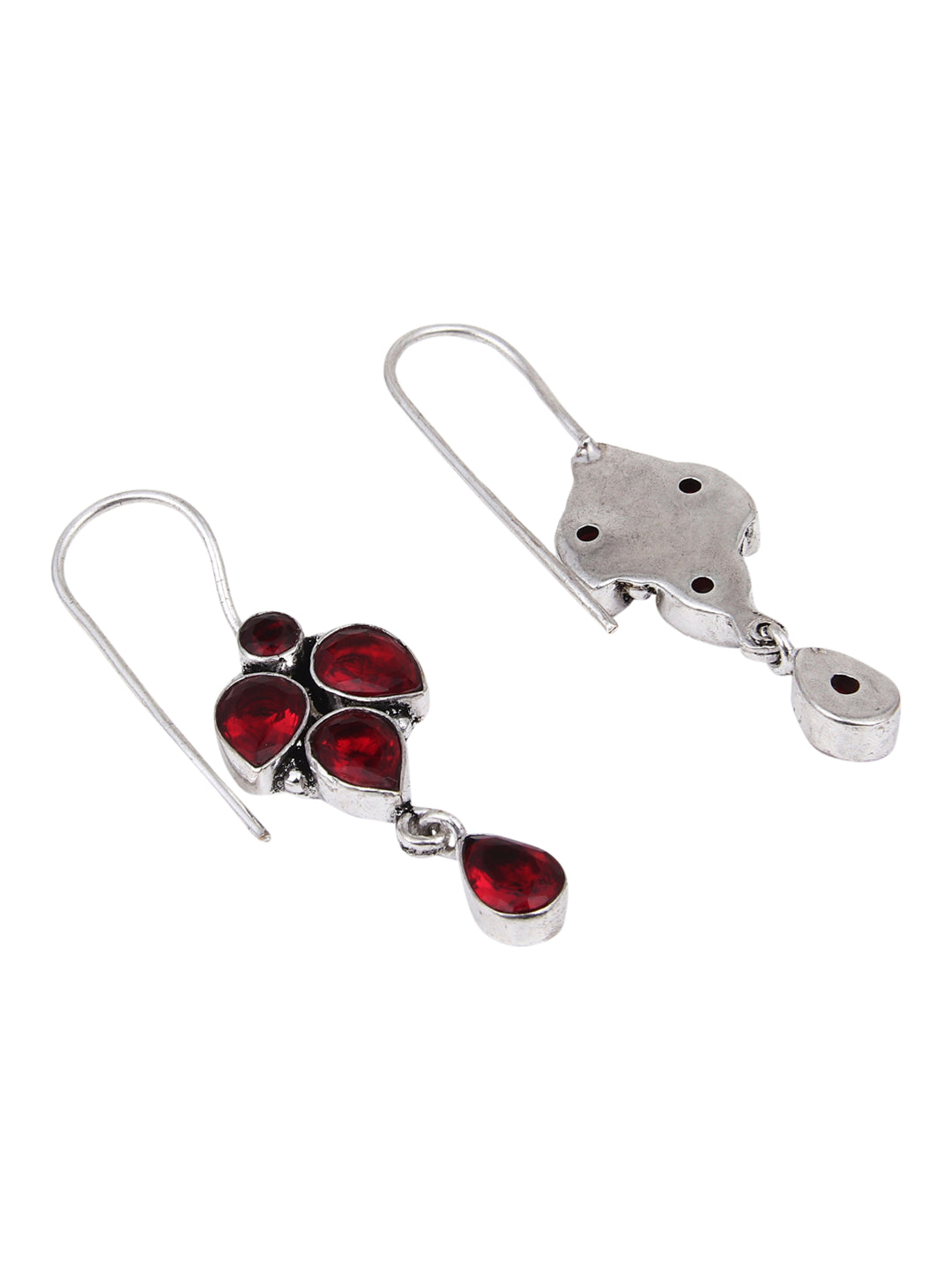 Silver Oxidised finish drop Earring with Red AD stone
