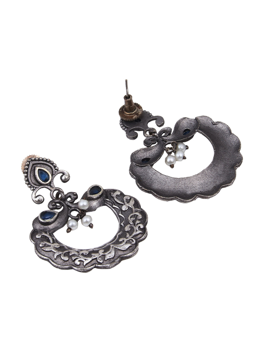 Silver Oxidized Carved Chandbali Earrings
