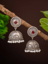 Self Engraved Jhumka with Red Stone