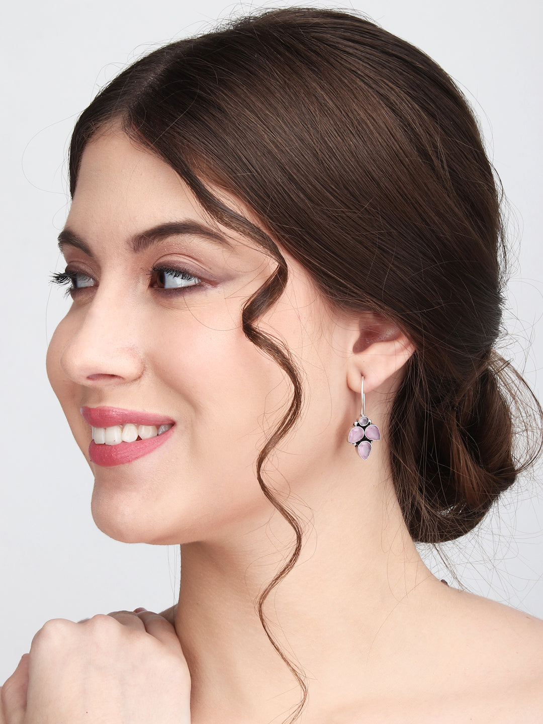 Silver Oxidised finish Light Pink stone work drop earring