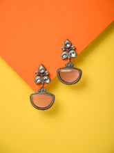 Silver Oxidised finish Pink & White AD stone drop earring