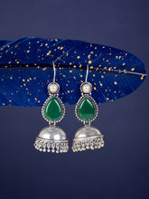 Contemporary drop Jhumka with Monalisa stone Dark Green