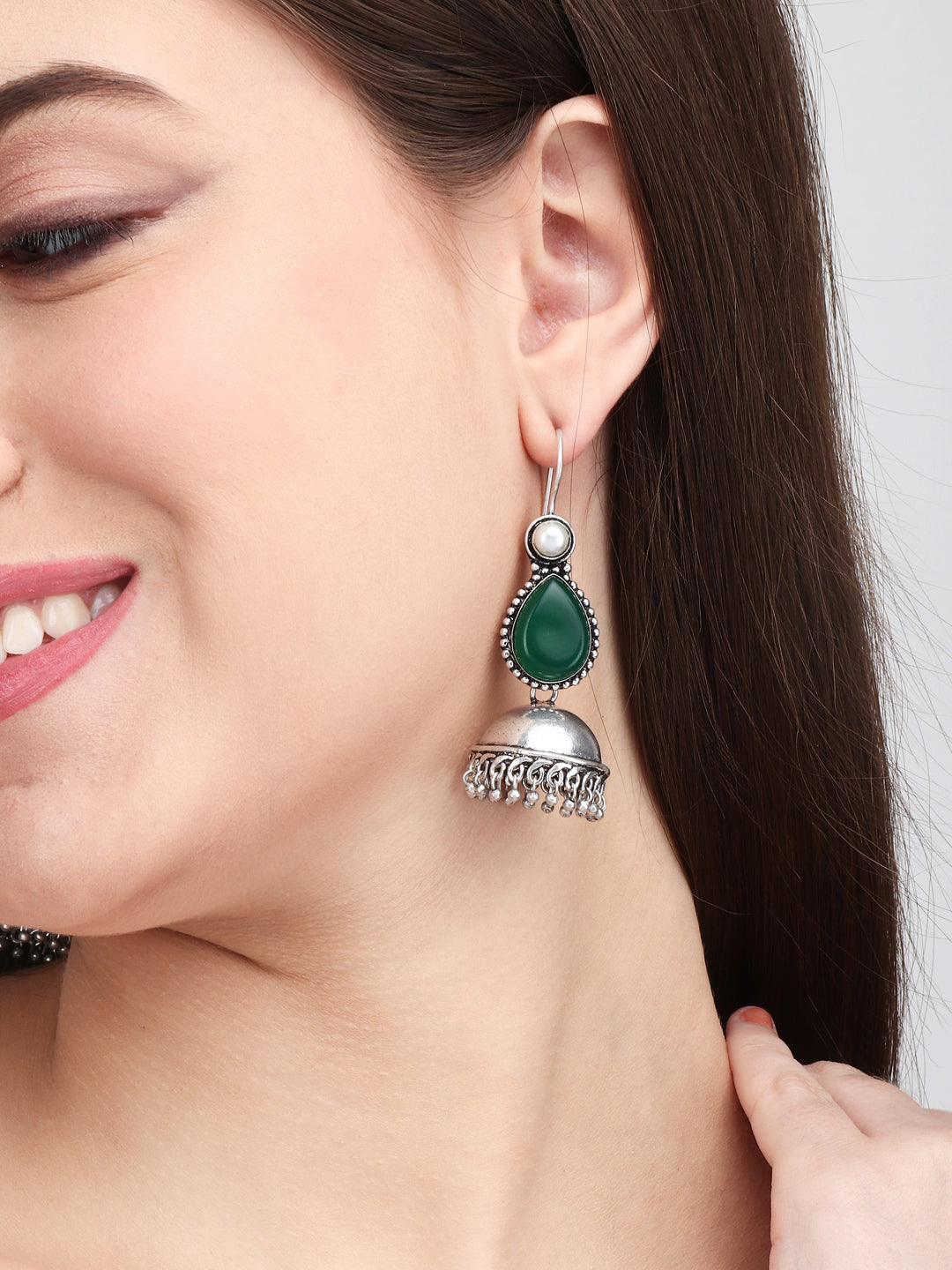 Contemporary drop Jhumka with Monalisa stone Dark Green