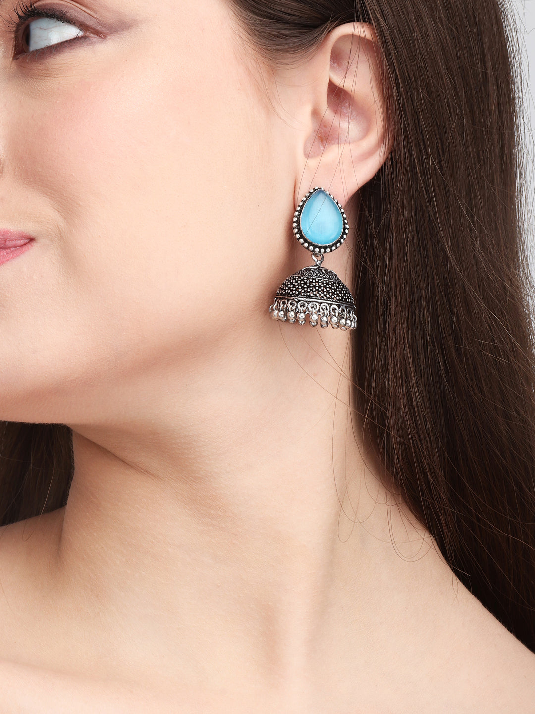 Contemporary Jhumka with Monalisa Stone - Blue