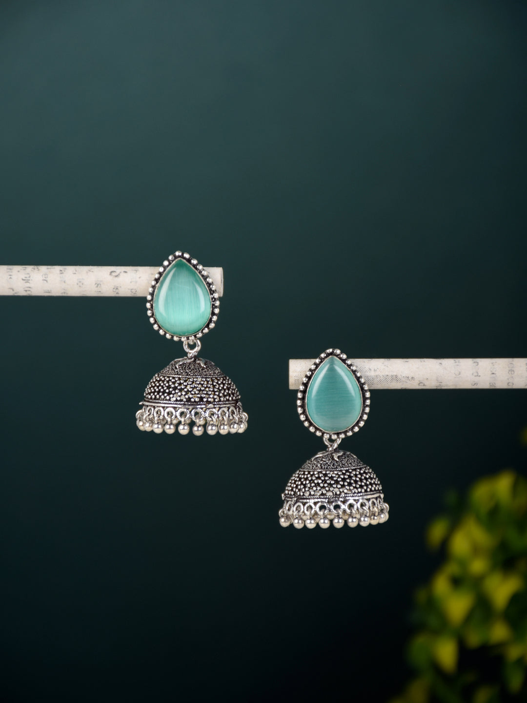 Contemporary Jhumka with Monalisa Stone - Mint