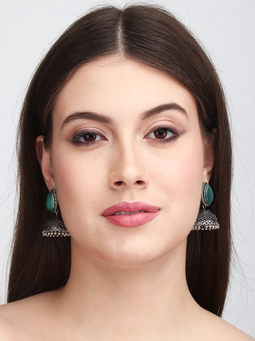 Contemporary Jhumka with Monalisa Stone - Mint