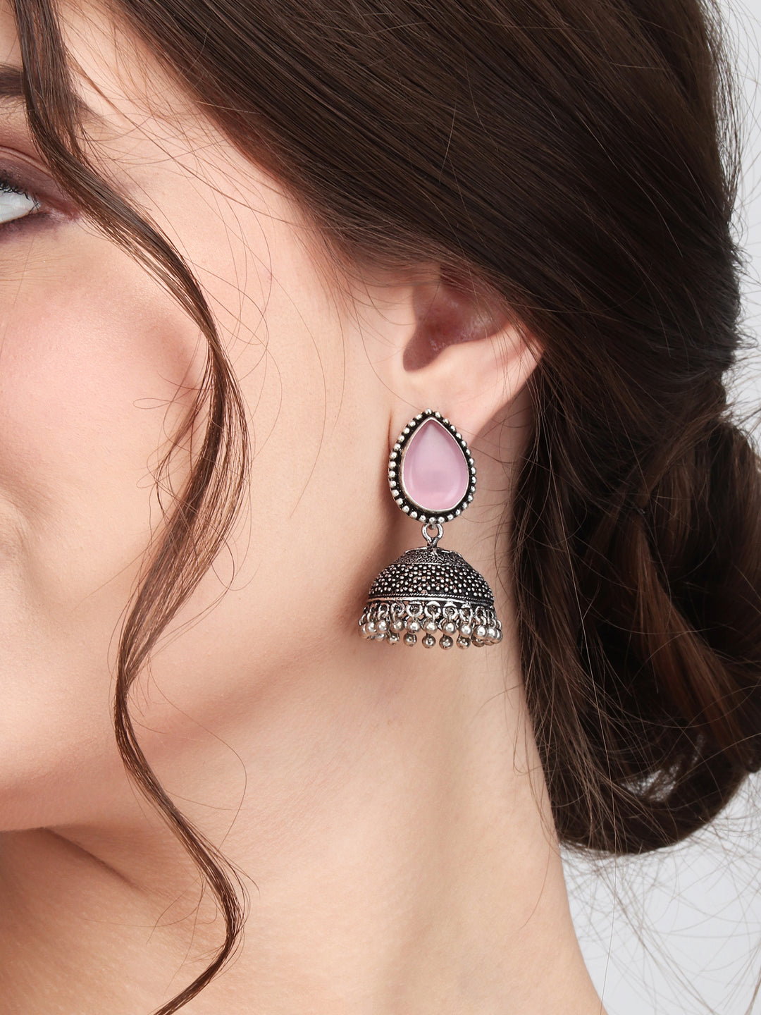 Contemporary Jhumka with Monalisa Stone - Pink