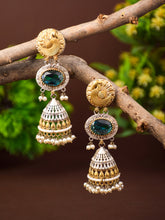 Contemporary Jhumka Style Earrings with Layered Glass & Embossed Metal Stud