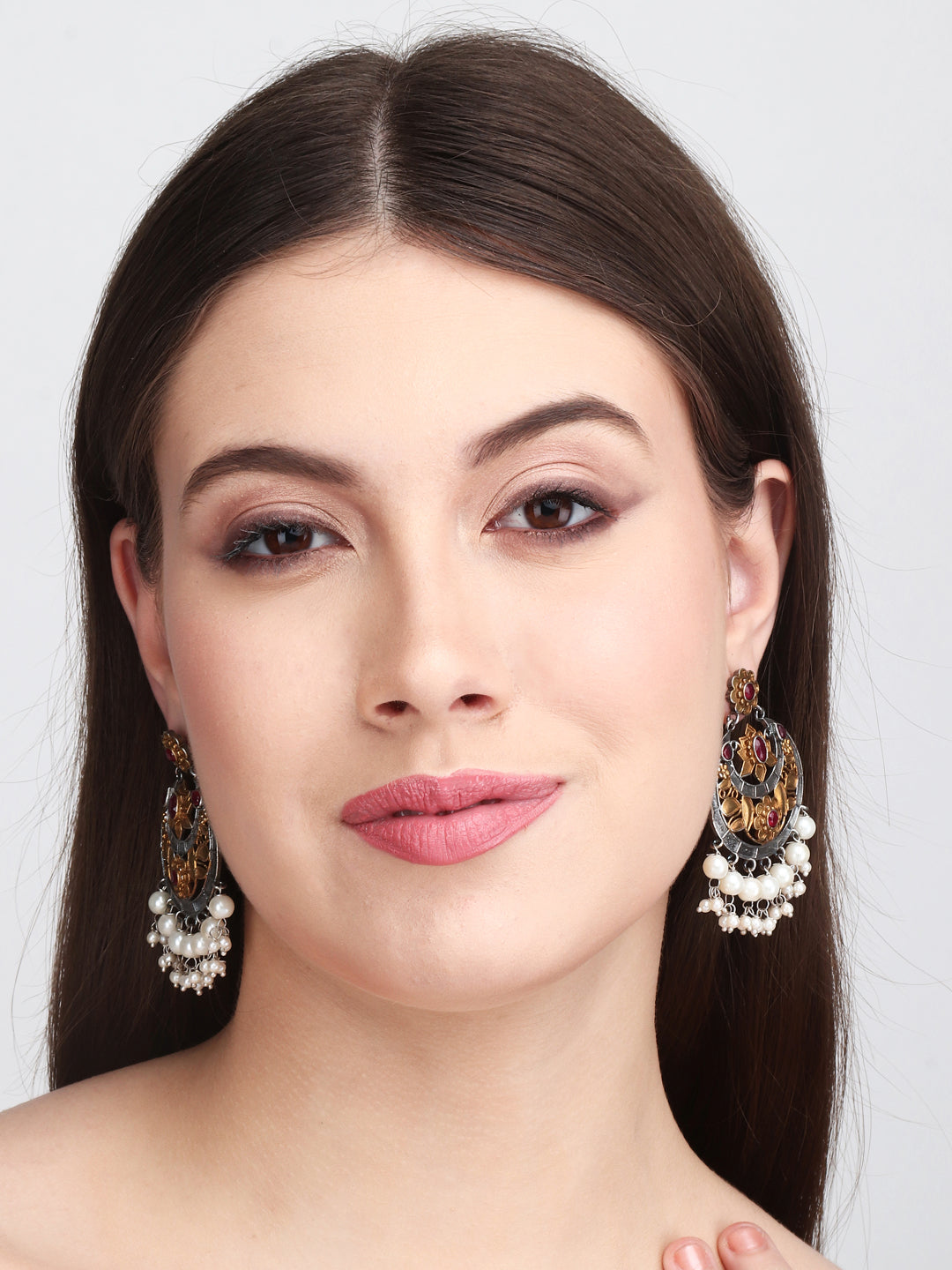 Gold & Silver Dual-Tone Chandbali with Artificial Bead Drops