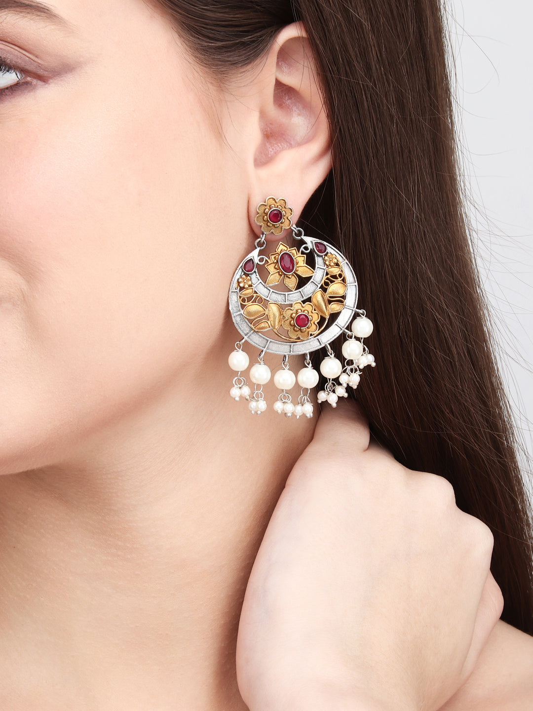 Gold & Silver Dual-Tone Chandbali with Artificial Bead Drops