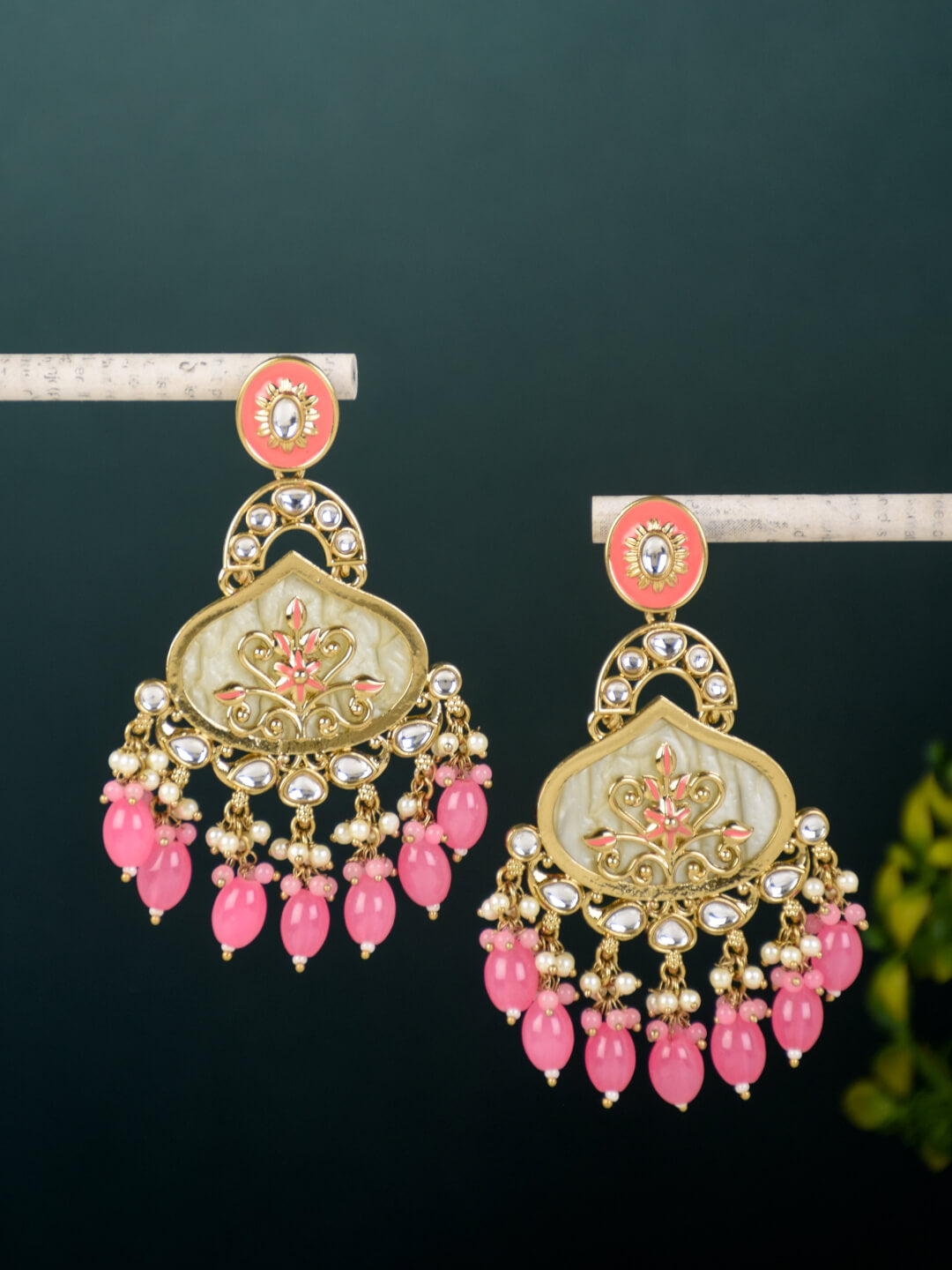 Mother of pearl Chandbali with Pink Meenakari & Pink pearl drops