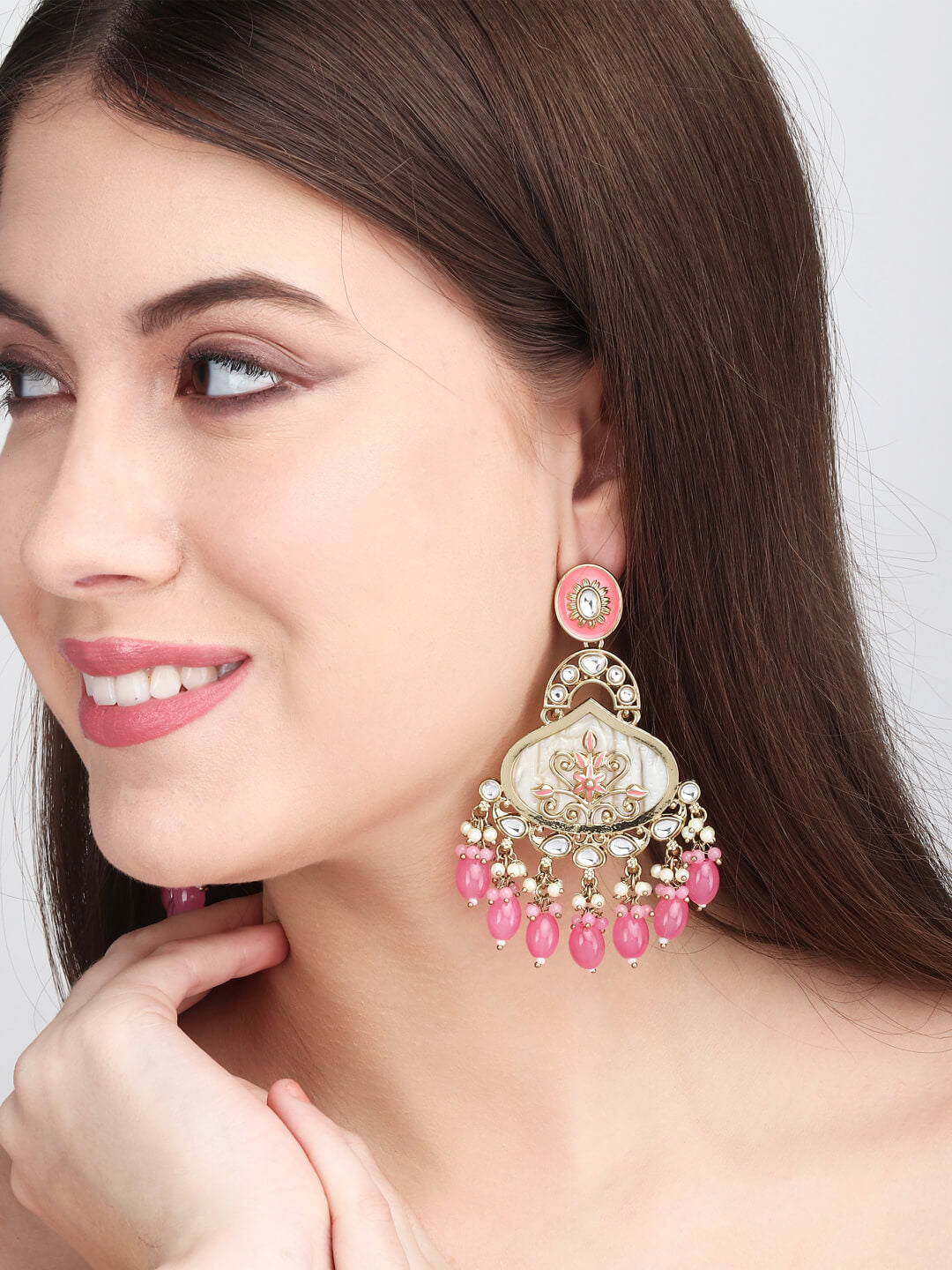 Mother of pearl Chandbali with Pink Meenakari & Pink pearl drops