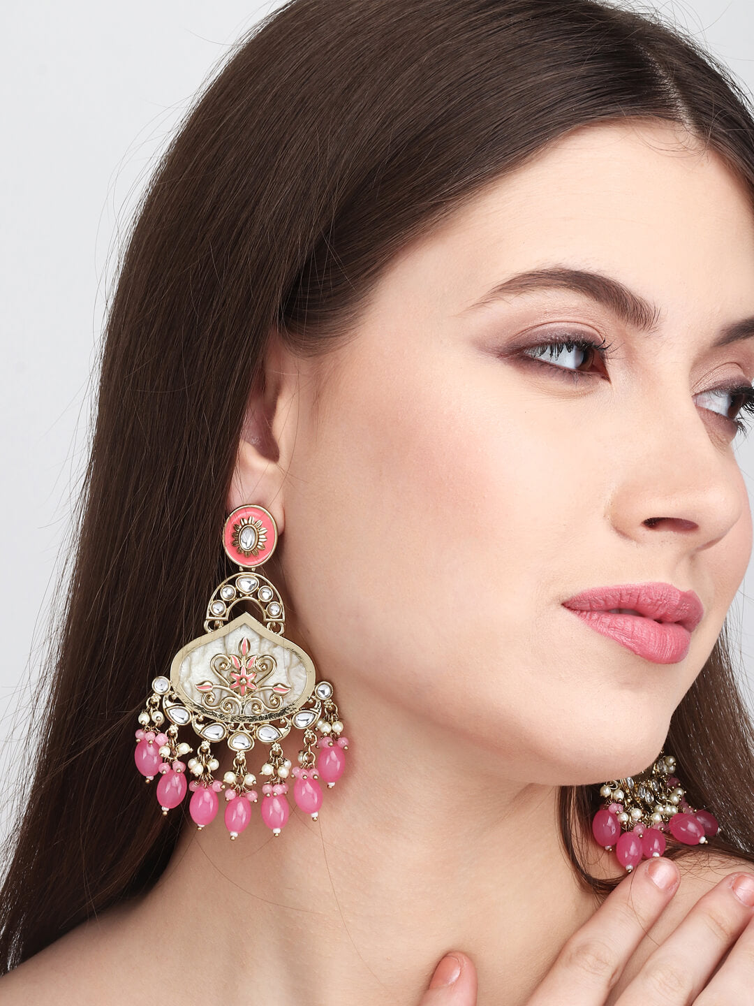 Mother of pearl Chandbali with Pink Meenakari & Pink pearl drops