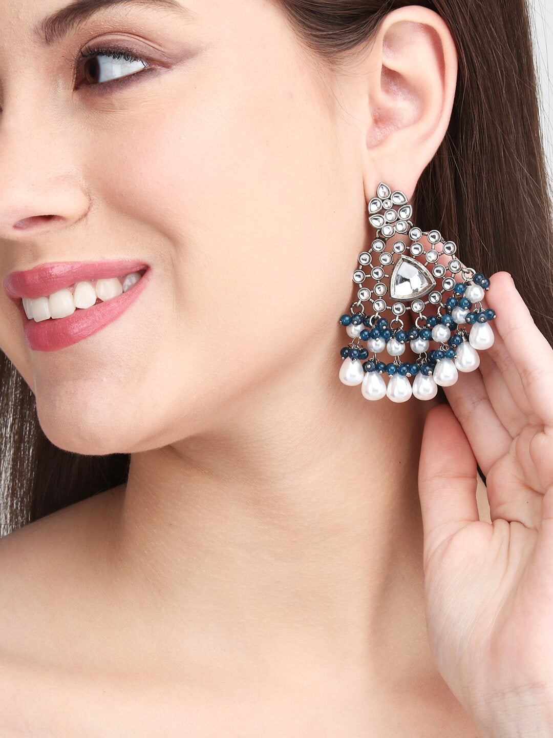 Silver Oxydised finish kundan Chandbali Blue