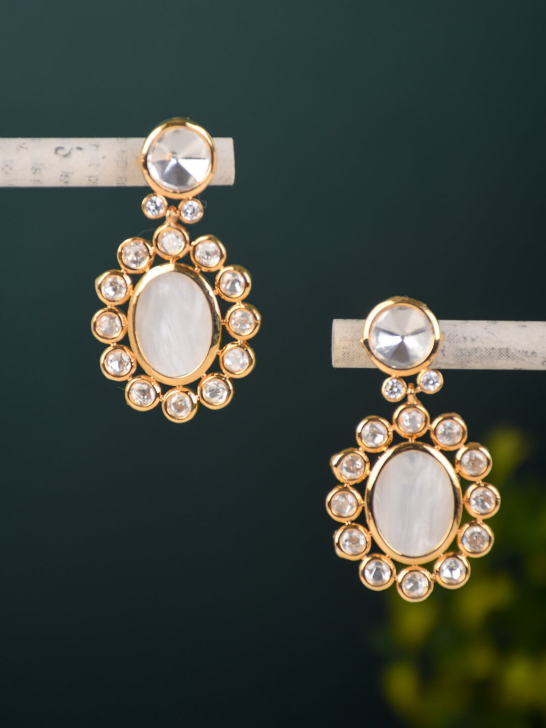 Oval-Shaped Drop Earrings with CZ, Moissanite Kundan & Mother of Pearl