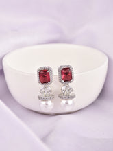 Rhodium Plated Suqre CZ stone Studs Earring Red