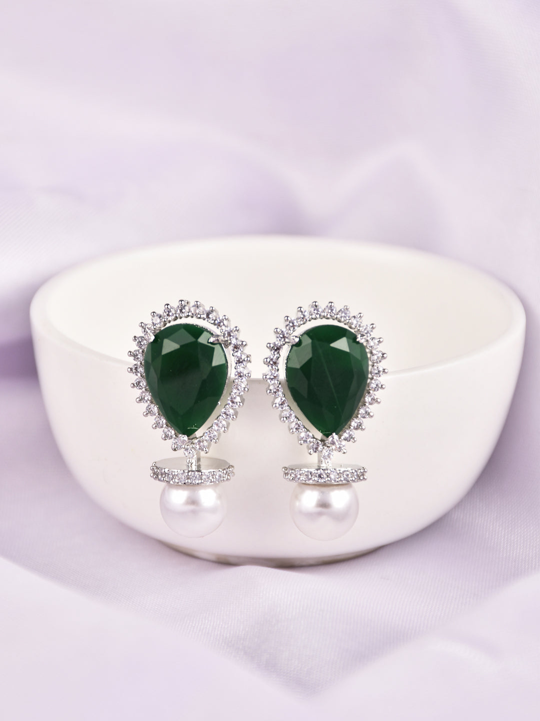 Rhodium-Plated Pear-Shaped CZ Stud Earrings Green