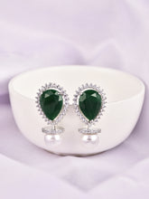 Rhodium-Plated Pear-Shaped CZ Stud Earrings Green