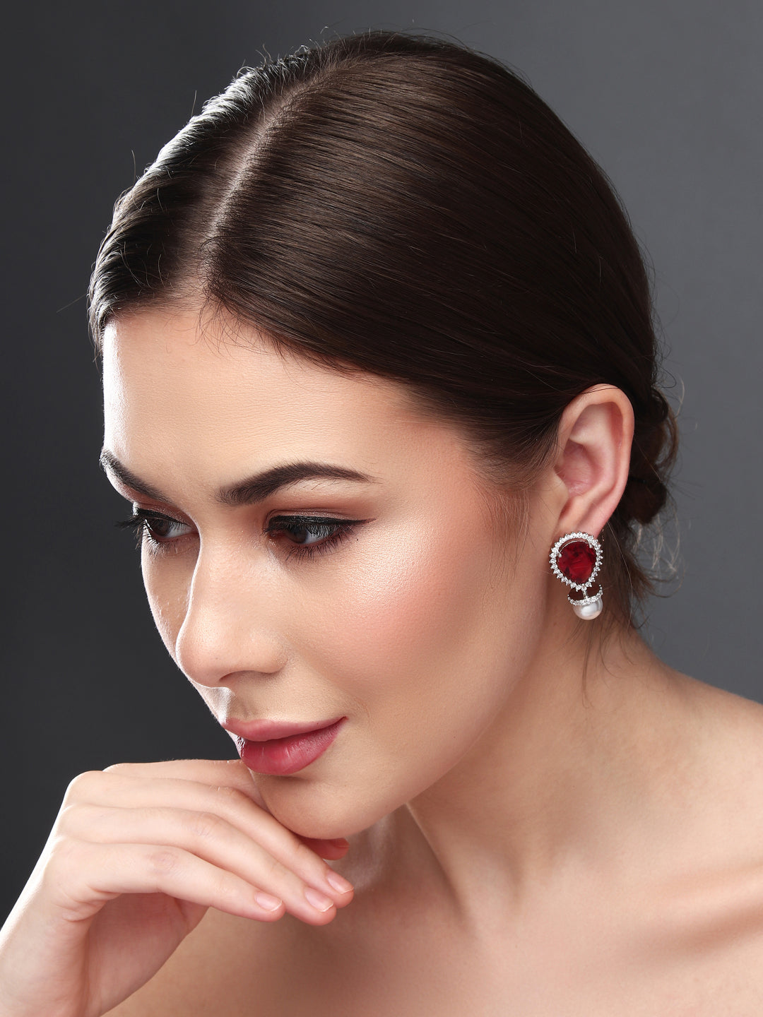 Rhodium-Plated Pear-Shaped CZ Stud Earrings Red