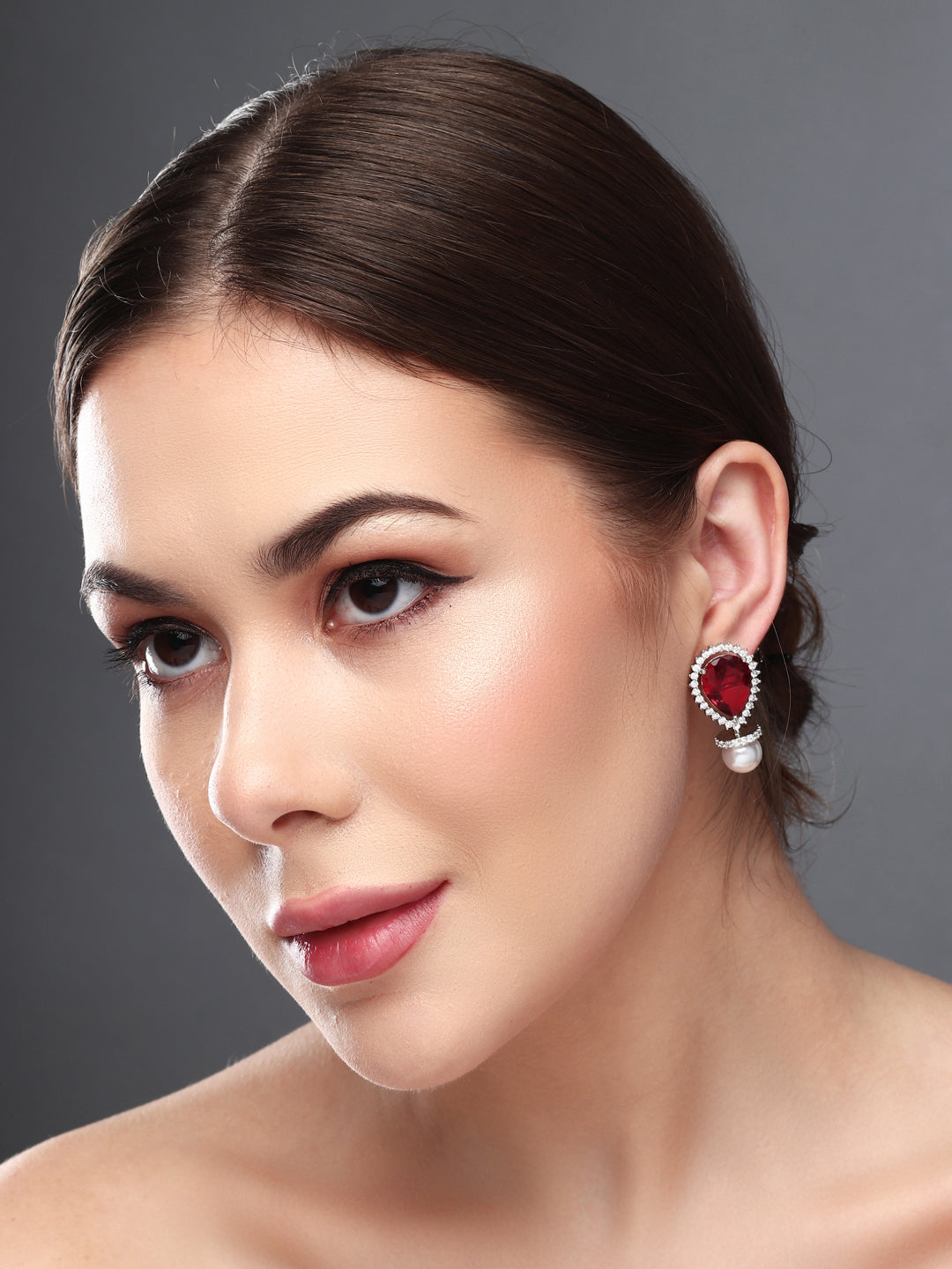 Rhodium-Plated Pear-Shaped CZ Stud Earrings Red