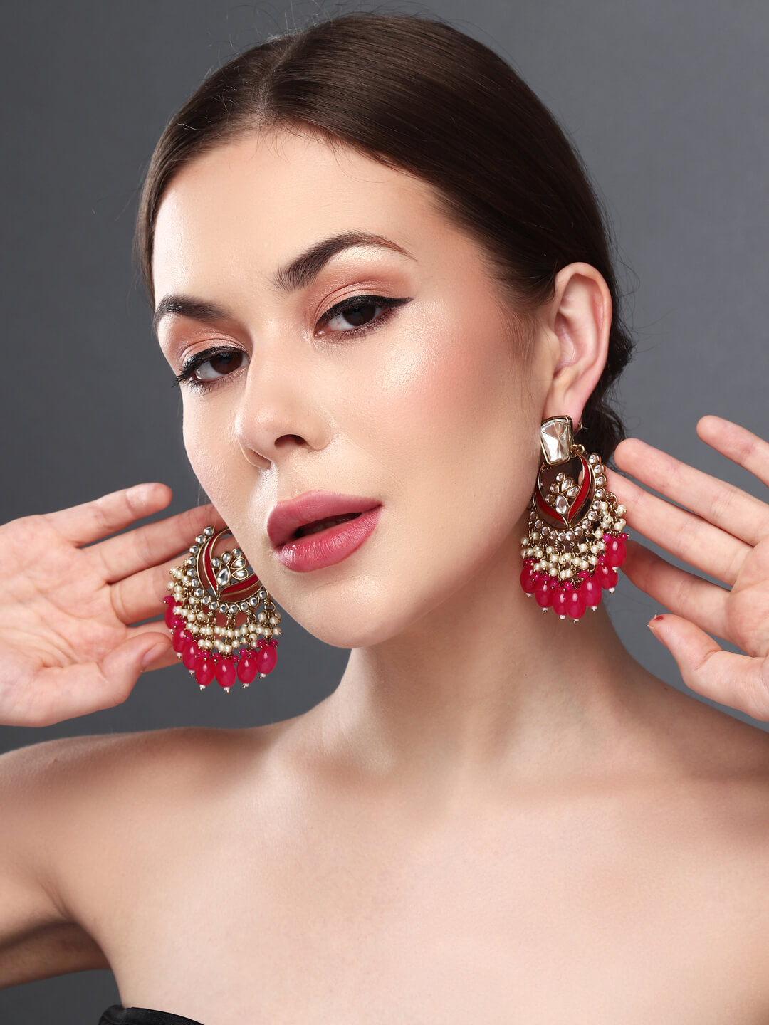 Gold plated kundan & Meenakari Chandbali Earring PINK