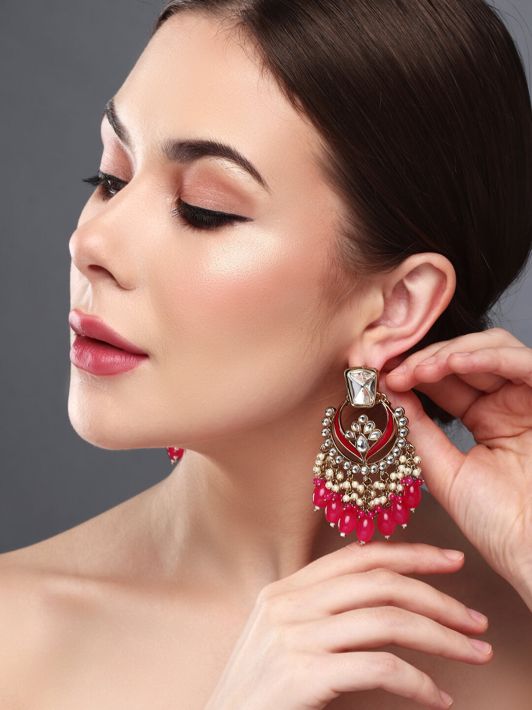 Gold plated kundan & Meenakari Chandbali Earring PINK