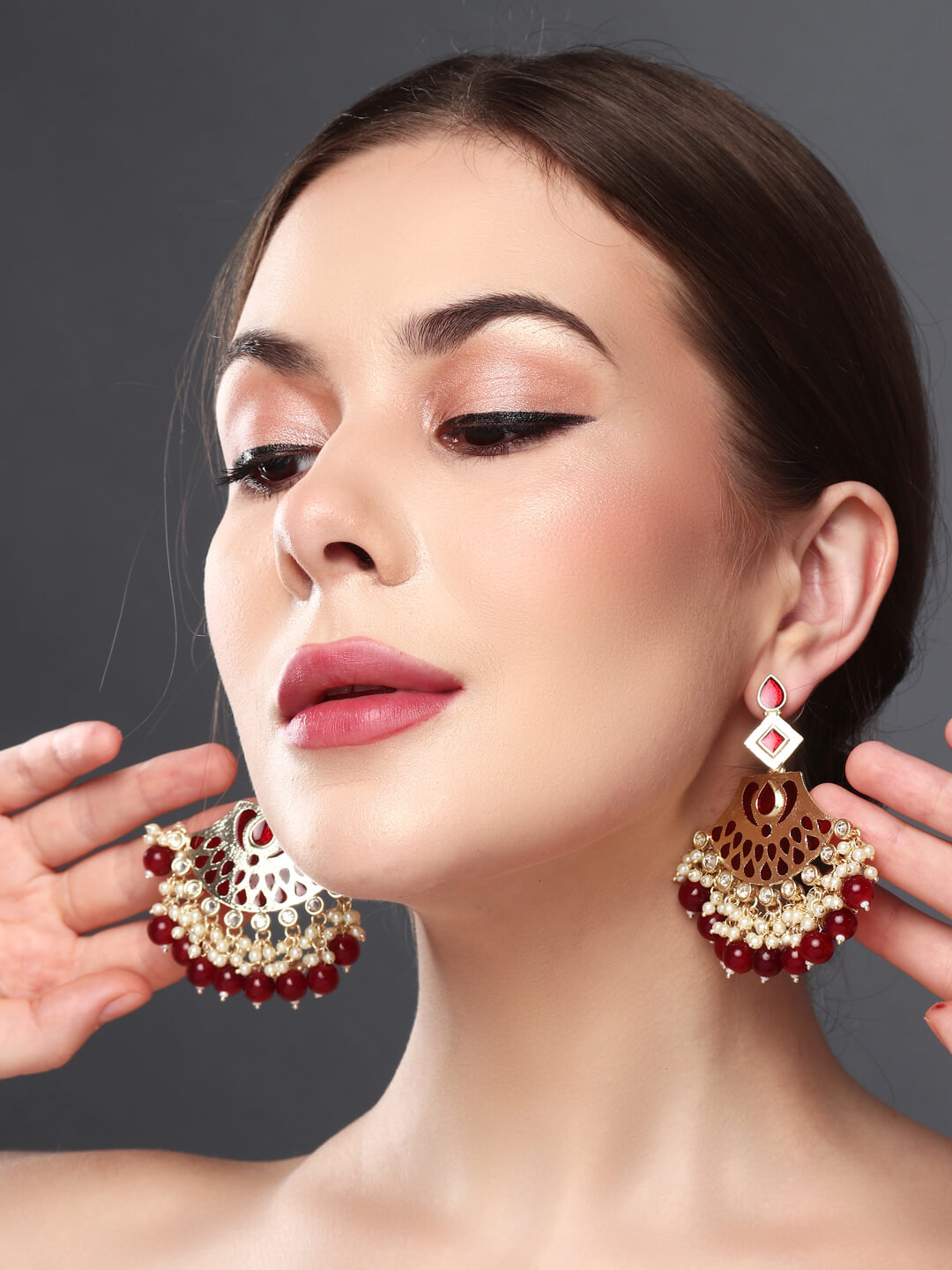 Gold plated kundan & Meenakari Chandbali Earring Red