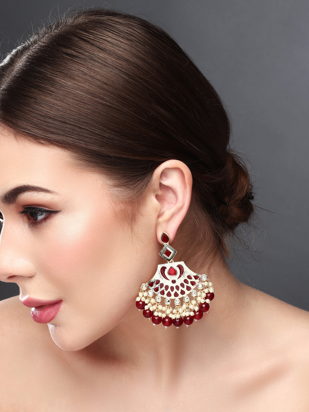 Gold plated kundan & Meenakari Chandbali Earring Red