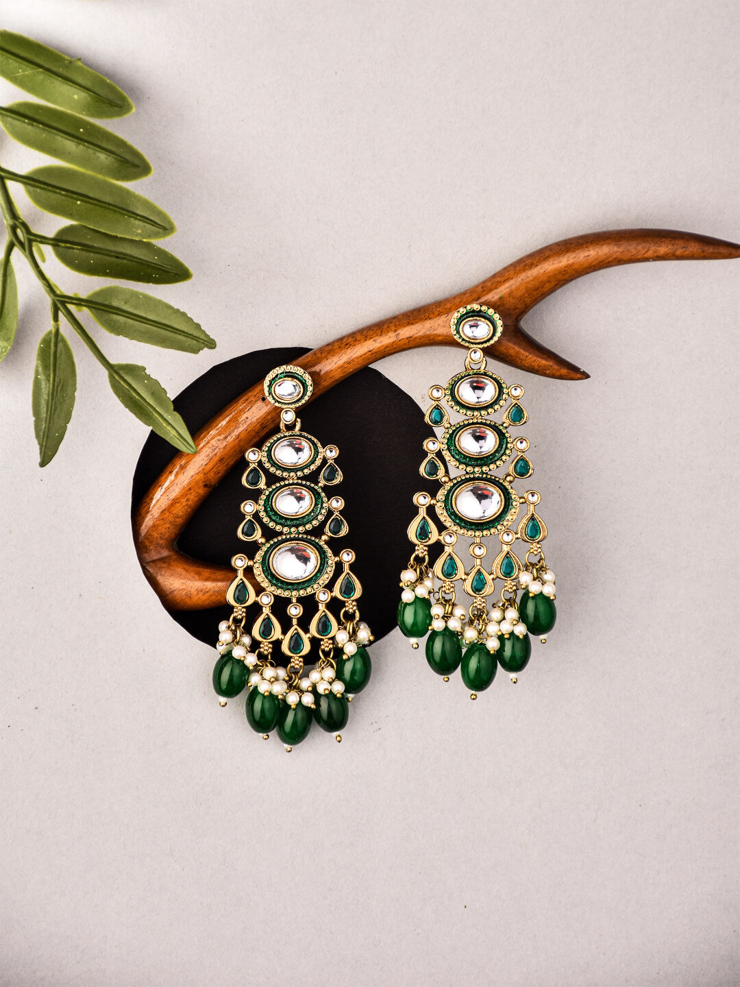 Gold plated kundan & Meenakari Drop Earring Green