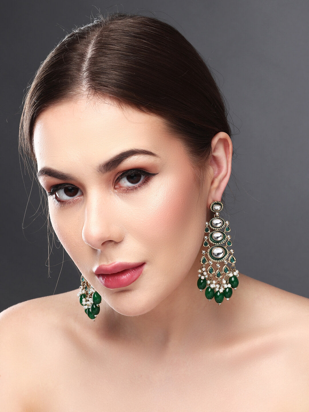 Gold plated kundan & Meenakari Drop Earring Green