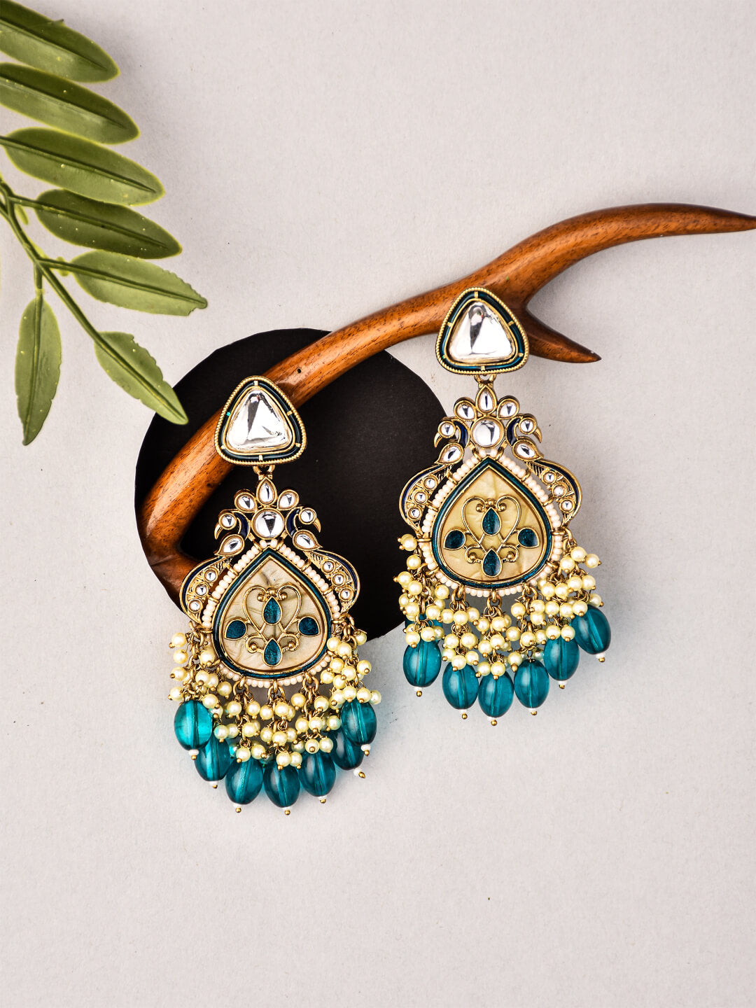 Gold plated kundan & Mother of Pearl Chandbali Blue