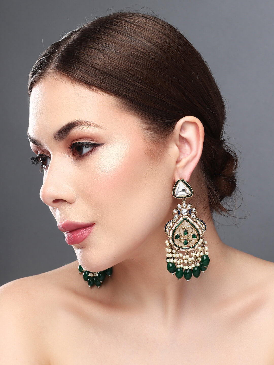 Gold plated kundan & Mother of Pearl Chandbali Green