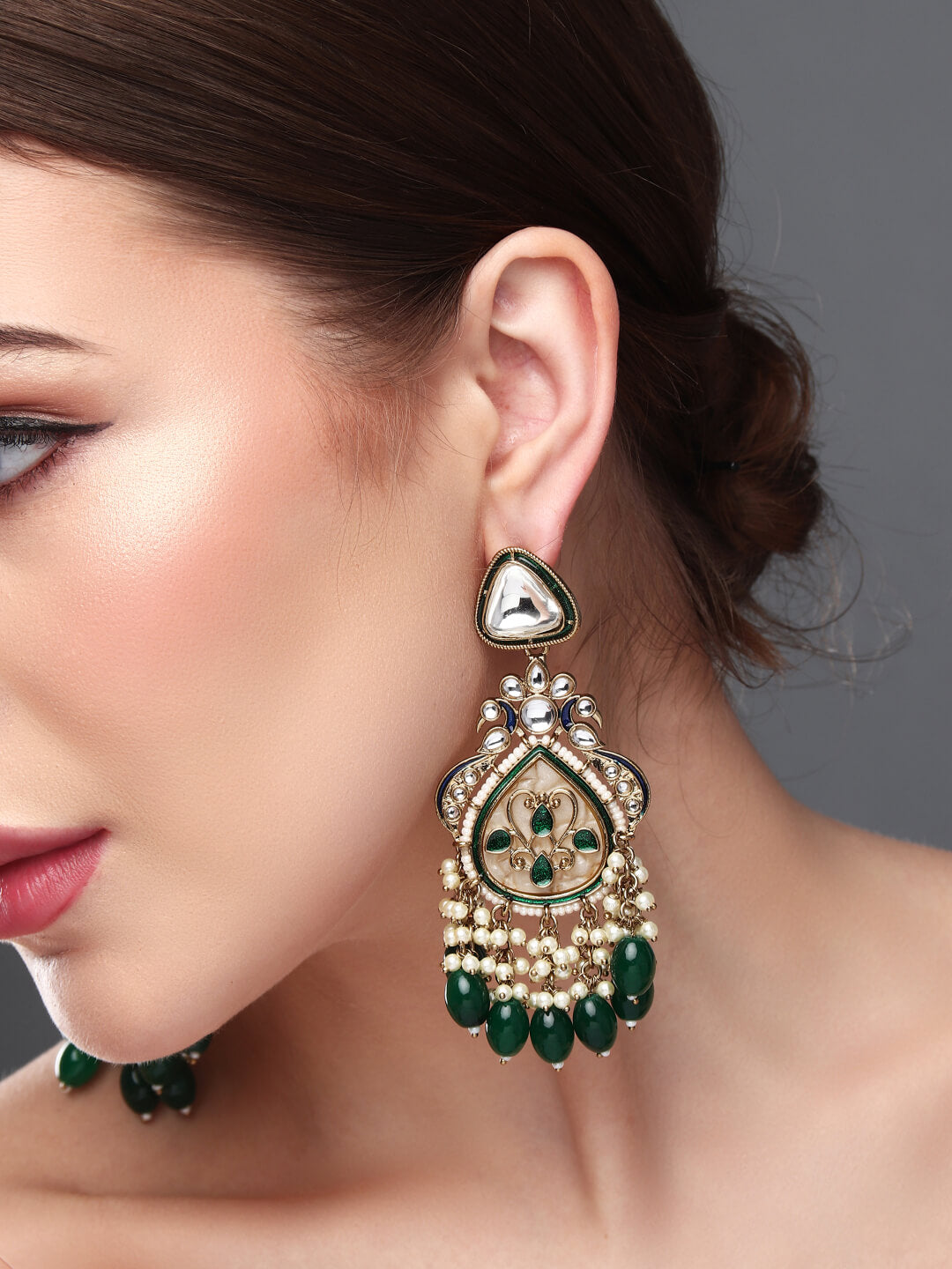 Gold plated kundan & Mother of Pearl Chandbali Green