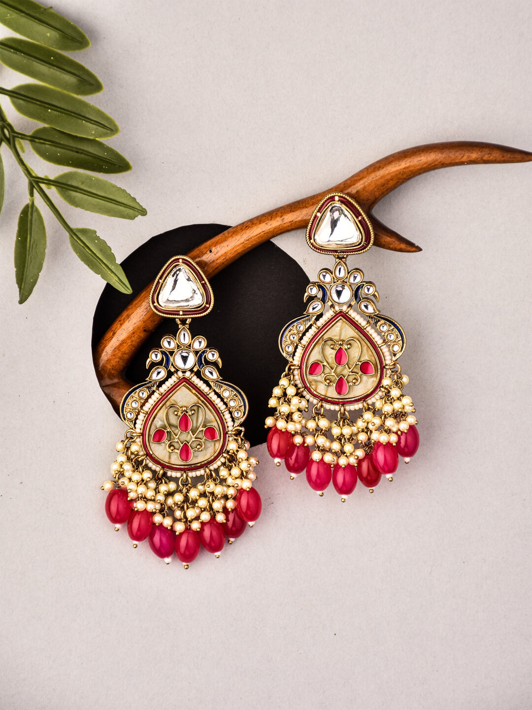 Gold plated kundan & Mother of Pearl Chandbali Red