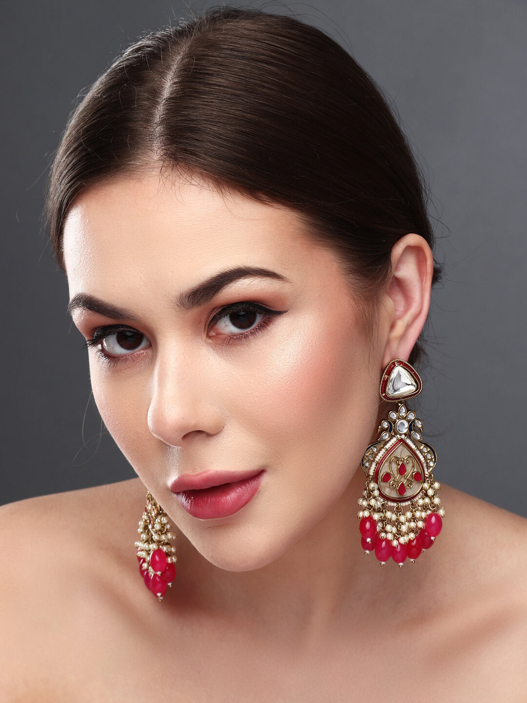 Gold plated kundan & Mother of Pearl Chandbali Red