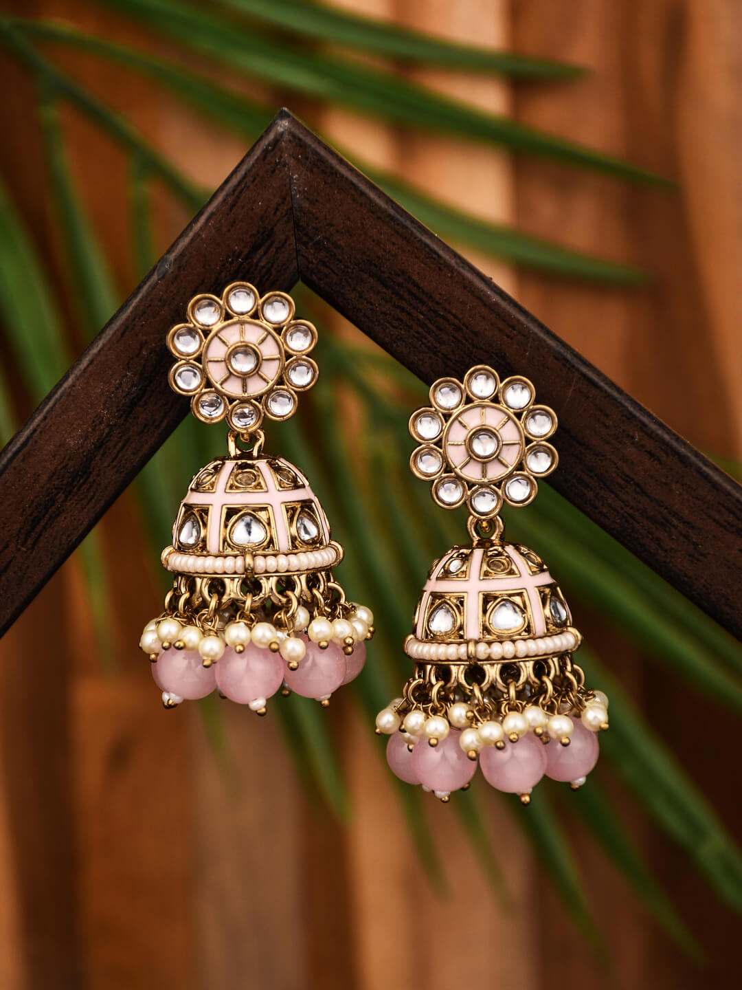 Gold plated kundan & Light Pink Meenakari Jhumka Earring