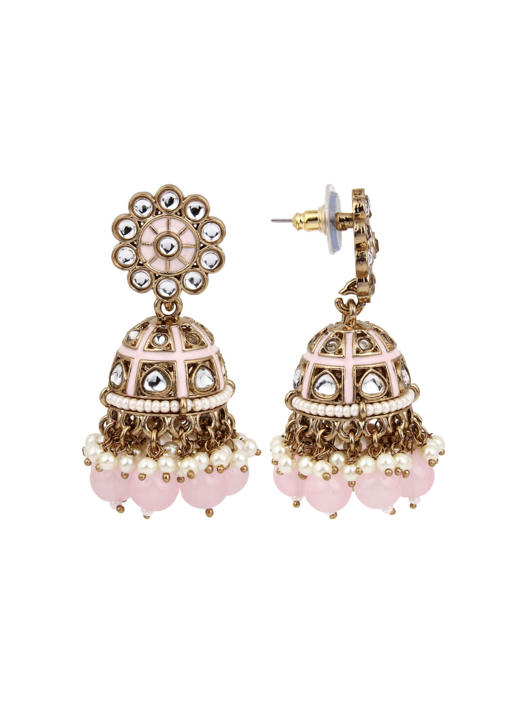 Gold plated kundan & Light Pink Meenakari Jhumka Earring